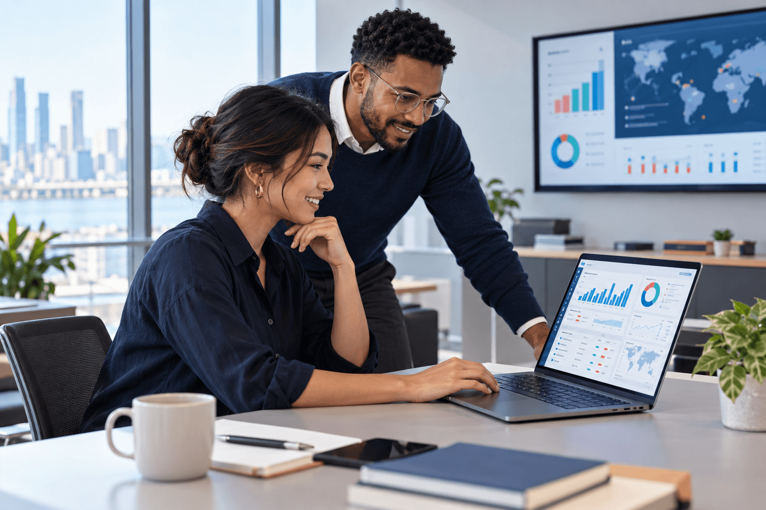 A team working together with an operations dashboard